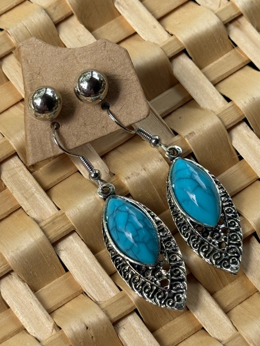 Turquoise Stone Silver Drop Earrings - Women Jewelry